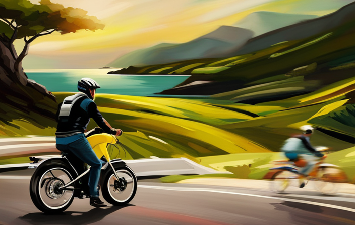 An image showcasing an electric bike zooming along a scenic coastal road, with the rider leaning into a curve, hair blowing in the wind, and a sense of exhilaration in their expression