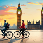 An image showcasing an electric bike in motion, zooming past iconic landmarks in the UK such as Big Ben or the Tower Bridge, conveying the thrill and speed electric bikes are capable of