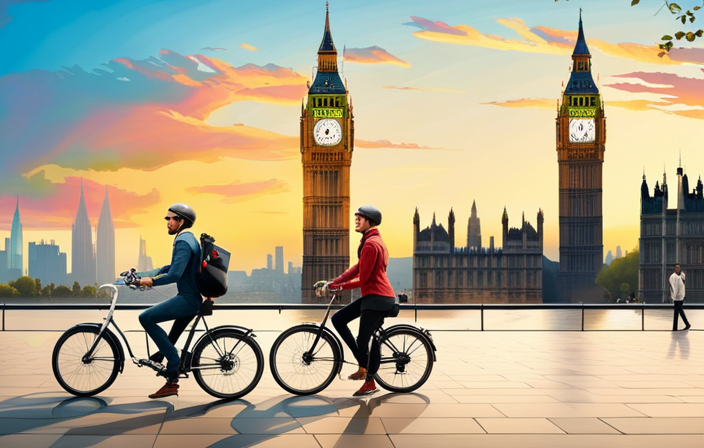 An image showcasing an electric bike in motion, zooming past iconic landmarks in the UK such as Big Ben or the Tower Bridge, conveying the thrill and speed electric bikes are capable of