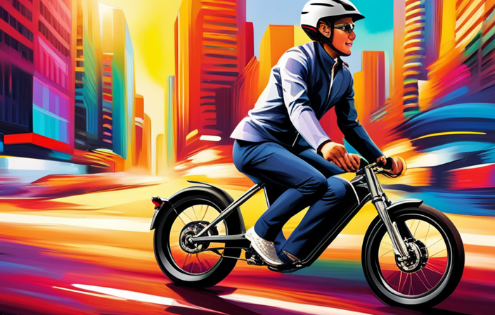 An image showcasing an electric bike racing down a smooth city street, with a blur of vibrant colors trailing behind