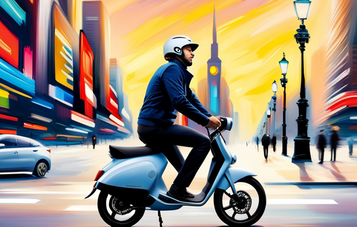 An image capturing the thrilling speed of an electric bike scooter: a rider zipping through a bustling city street, blurred lights streaking by, with a dynamic sense of motion and exhilaration