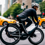 An image showcasing an electric bike zipping past a row of cars on a bustling city street