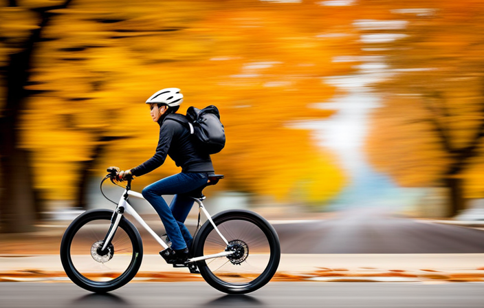 An image capturing the exhilarating speed of an electric bike; a cyclist effortlessly zooming past a blur of vibrant autumn leaves, the wind tousling their hair as they effortlessly conquer the road
