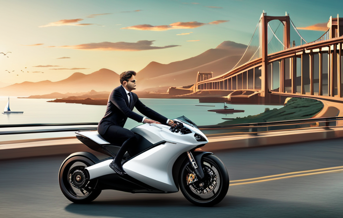 An image that showcases a sleek, aerodynamic electric bike effortlessly gliding along a scenic coastal road, with the exhilarating wind rushing through the rider's hair and vibrant city lights in the background