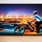 An image that captures the exhilarating speed of an electric bike: a cyclist, blurred motion of legs pedaling, zooming past a vibrant cityscape backdrop, with streaks of light trailing behind