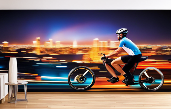 An image that captures the exhilarating speed of an electric bike: a cyclist, blurred motion of legs pedaling, zooming past a vibrant cityscape backdrop, with streaks of light trailing behind