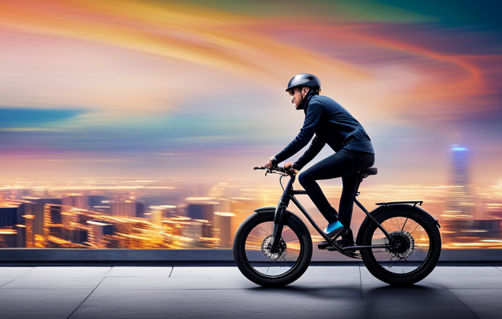 An image capturing the exhilarating motion of a 64v electric bike as it zooms past a cityscape backdrop, with blurred lights streaking by and the rider's hair flowing in the wind