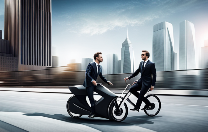 An image showcasing a sleek, futuristic 73 electric bike zooming through a bustling cityscape at an exhilarating speed