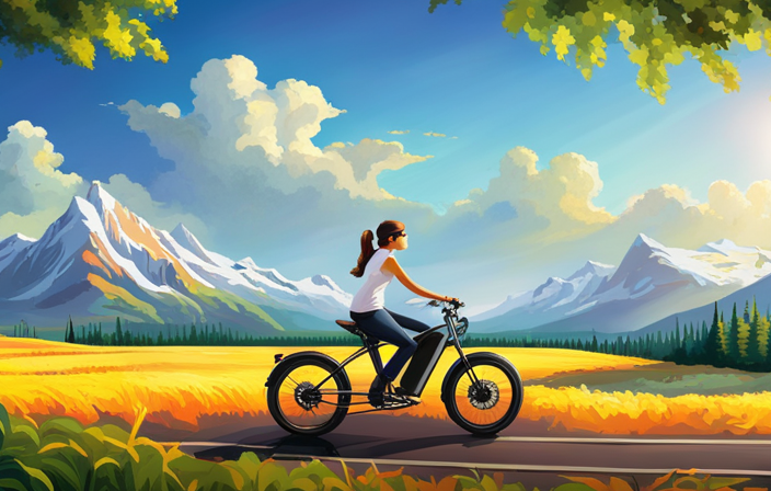 An image showcasing a sleek, modern 750w electric bike effortlessly gliding down a scenic mountain road, its rider leaning into a turn with exhilarating speed, surrounded by vibrant green trees and a clear blue sky