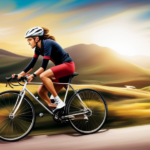 An image capturing the exhilarating speed of a bicycle, showcasing a cyclist whizzing past a breathtaking landscape with wind-blown hair, wheels spinning, and a sense of motion conveyed through blurred surroundings