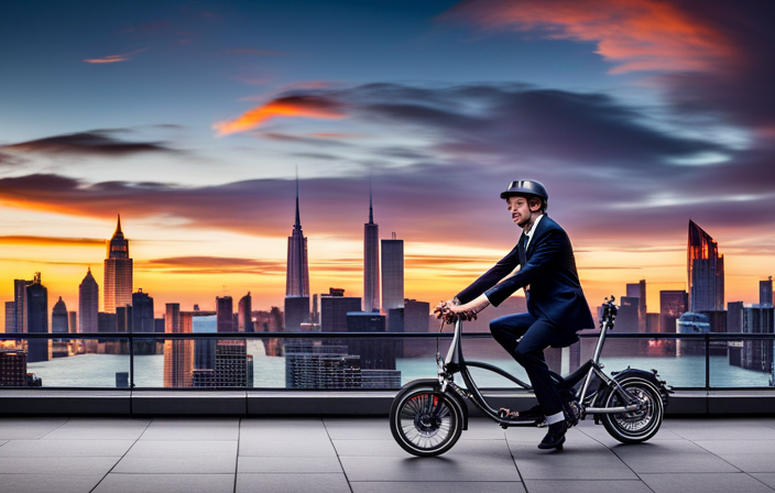 An image that captures the exhilarating speed of a Brompton Folding Electric Bike, as it zips through a bustling urban landscape, effortlessly overtaking cars and leaving a trail of blurred lights in its wake