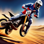 An image that captures the exhilarating speed of an electric dirt bike, depicting a rider wearing protective gear, racing through a dusty trail, dirt spraying in the air, while the bike's wheels leave distinct tracks behind