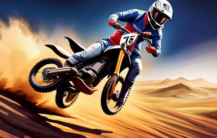 An image that captures the exhilarating speed of an electric dirt bike, depicting a rider wearing protective gear, racing through a dusty trail, dirt spraying in the air, while the bike's wheels leave distinct tracks behind