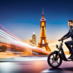An image showcasing a Jetson Electric Bike in motion, zooming past a bustling cityscape with blurred lights and streaks of motion, capturing the exhilarating speed and agility it offers