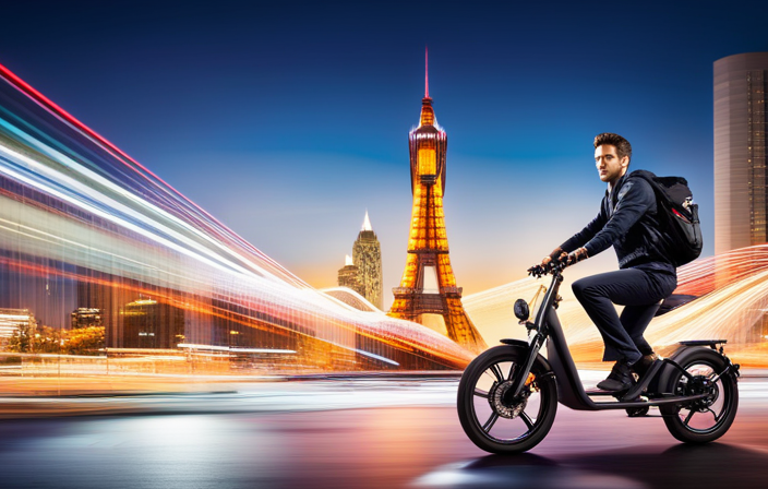 An image showcasing a Jetson Electric Bike in motion, zooming past a bustling cityscape with blurred lights and streaks of motion, capturing the exhilarating speed and agility it offers