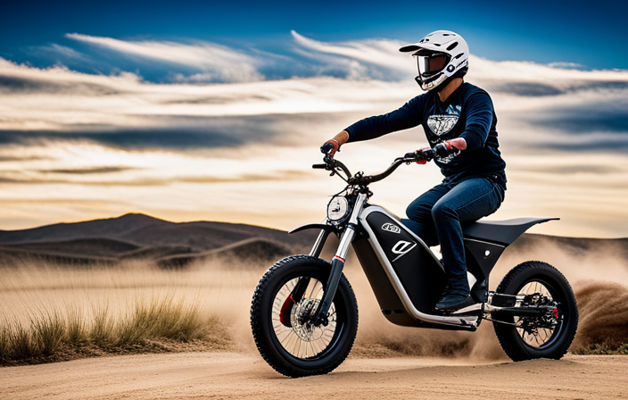 An image showcasing a Razor MX350 electric bike in action, zooming across a dirt track with thrilling speed