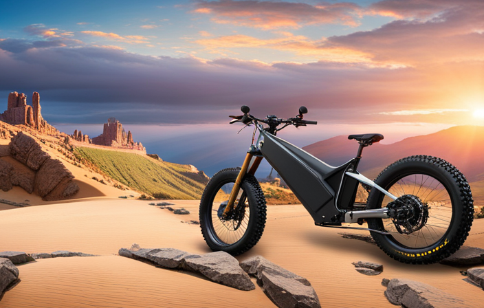 An image showcasing a sleek Quietkat electric bike soaring through a picturesque mountain trail, leaving a trail of dust in its wake, while the rider confidently conquers rugged terrain with a determined expression