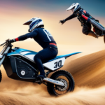 An image capturing the exhilarating speed of a Razor Electric Dirt Bike as it zips through a dirt track, its wheels kicking up clouds of dust, rider leaning into the thrilling curves with focused determination