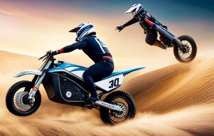 An image capturing the exhilarating speed of a Razor Electric Dirt Bike as it zips through a dirt track, its wheels kicking up clouds of dust, rider leaning into the thrilling curves with focused determination