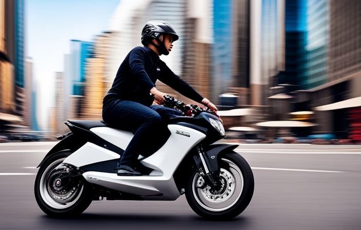 An image showcasing an 80cc electric bike zipping through a bustling city street at full speed, with blurred surroundings, displaying a digital speedometer indicating an impressive velocity, capturing the exhilarating sensation of its rapid movement