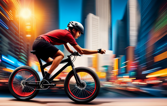 An image capturing the exhilarating speed of an electric BMX bike as it zips through a cityscape, with blurred lights streaking in the background and the rider's hair flowing in the wind
