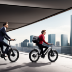 An image of a sleek, modern electric commuter bike zipping through a bustling cityscape, effortlessly overtaking cars and leaving a trail of excitement in its wake