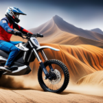 An image capturing the exhilarating speed of an electric dirt bike as it roars across a rugged terrain, leaving a trail of dust in its wake