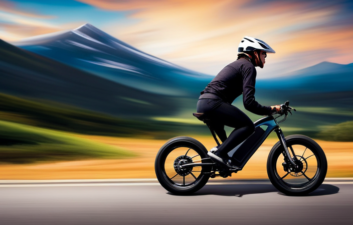 An image capturing the exhilarating speed of an electric bike as it zips past a stunning mountain landscape, with wheels spinning rapidly, a blur of motion, and the wind whipping through the rider's hair