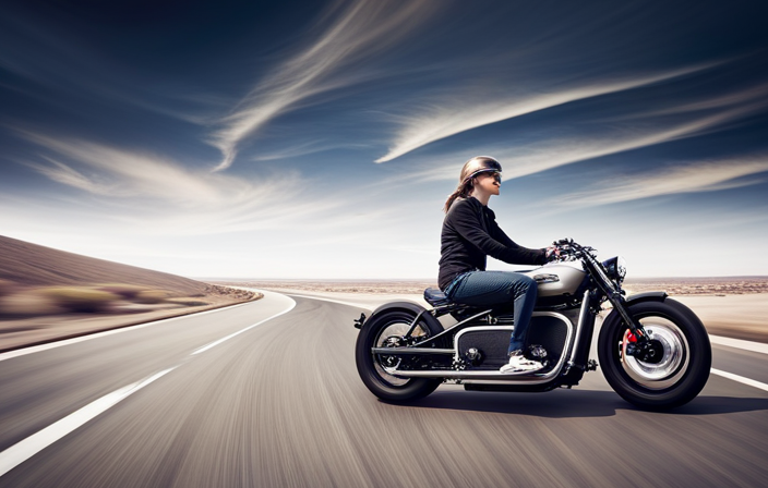 An image showcasing a Harley electric bike zooming past a speedometer, its sleek silhouette and powerful stance evident as it effortlessly cruises at top speed on an open road