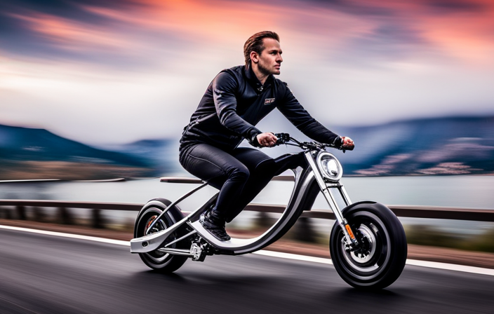An image showcasing a rider effortlessly zooming on the Mototec Cali 36v Electric Pocket Bike, capturing the exhilarating speed as they navigate a winding road, with the wind in their hair