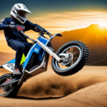 An image showcasing the Razor Electric Dirt Bike in action, capturing the exhilarating speed as it effortlessly zips through a rugged dirt track, leaving a trail of dust behind