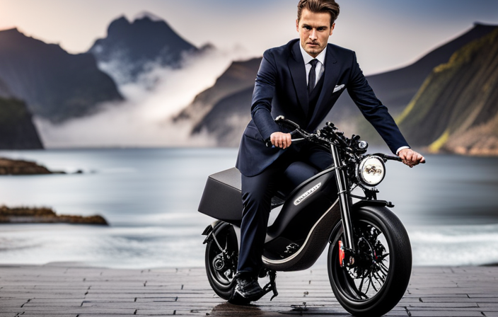On-packed image showcasing the Xtremepowerus Electric Powered Mini Pocket E-Bike Motorcycle 36v Ride-On Go, with its sleek design and vibrant colors, zooming past a scenic mountain road, capturing the thrilling speed and freedom it offers