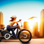 An image showcasing an electric bike zooming past a blurred backdrop of towering city skyscrapers, with streaks of vibrant light trailing behind, capturing the exhilarating speed and agility of these eco-friendly two-wheelers