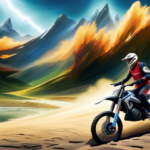An image showcasing the exhilarating speed of an electric dirt bike as it effortlessly zips through a rugged off-road trail, leaving a cloud of dust in its wake, capturing the essence of its lightning-fast performance