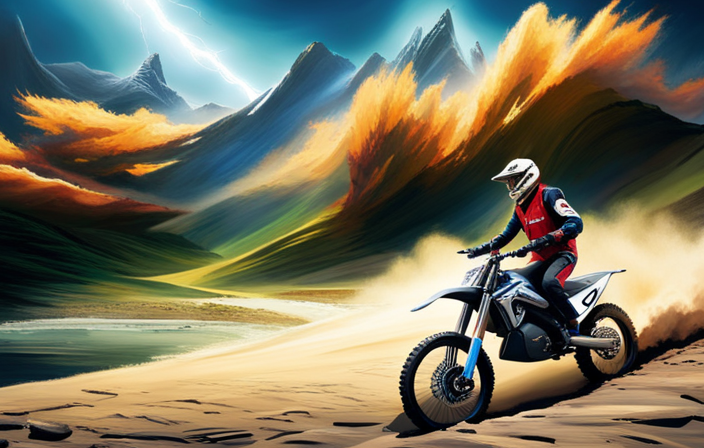 An image showcasing the exhilarating speed of an electric dirt bike as it effortlessly zips through a rugged off-road trail, leaving a cloud of dust in its wake, capturing the essence of its lightning-fast performance