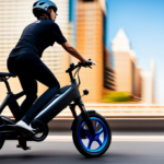 An image capturing the exhilarating speed of a Jetson Electric Bike as it zooms past city buildings, with the wind blowing through the rider's hair and a trail of motion blur behind