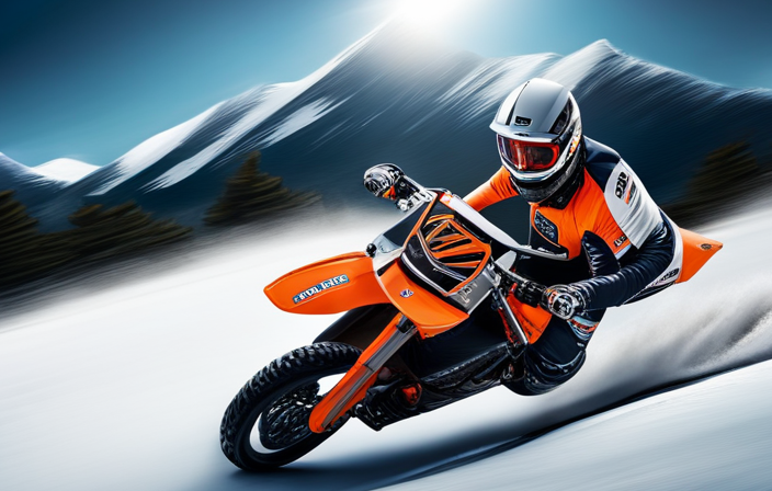 An image showcasing a KTM electric dirt bike effortlessly racing through rugged terrain, leaving a cloud of dust in its wake
