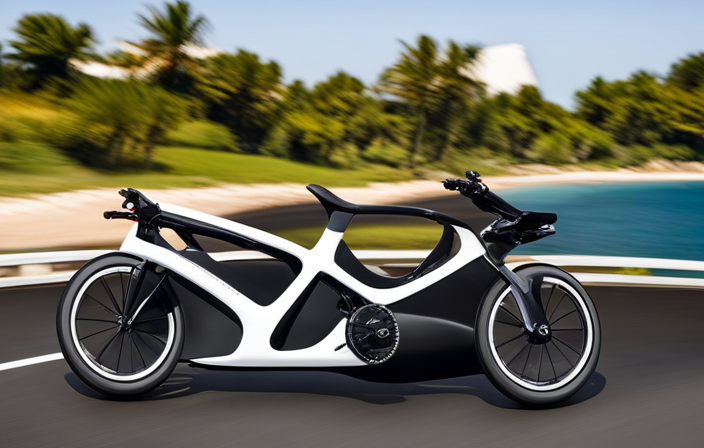 An image showcasing an electric bike zipping along a scenic coastal road, its sleek frame and aerodynamic design accentuated by the blurred background