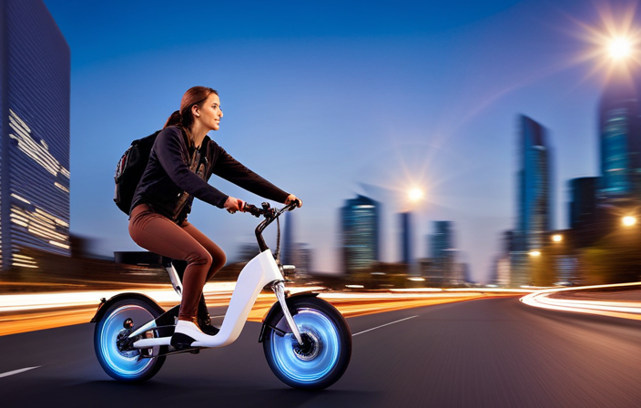 An image showcasing an electric bike cruising effortlessly along a bustling city street, with blurred surroundings indicating incredible speed
