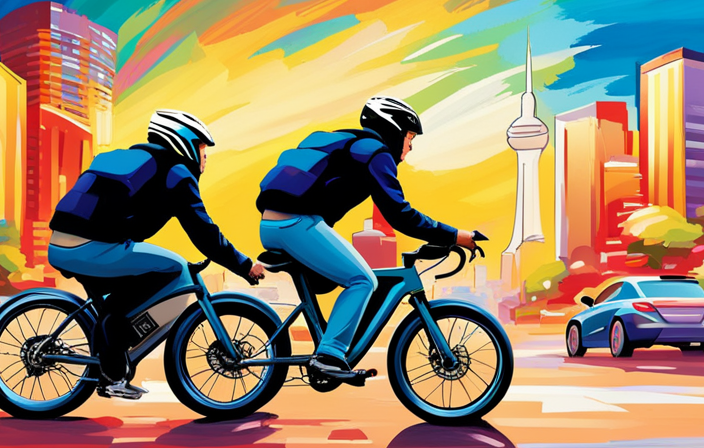An image that captures the exhilarating speed of an electric bike racing through a bustling city street, with streaks of vibrant colors trailing behind as it effortlessly overtakes cars and leaves a trail of awe in its wake