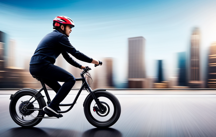 An image capturing the exhilarating speed of an electric bike as it zips past a blurred cityscape, showcasing the bike's sleek design, powerful motor, and the rider's joyous expression