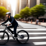 An image showcasing an electric bike zipping through a bustling city street, its sleek frame glistening under the sunlight