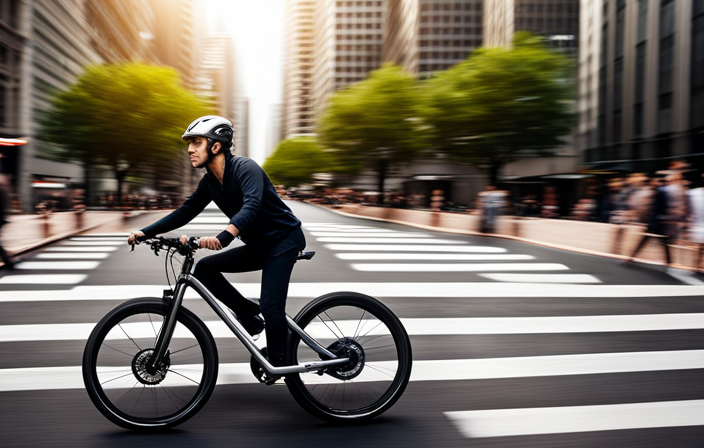 An image showcasing an electric bike zipping through a bustling city street, its sleek frame glistening under the sunlight