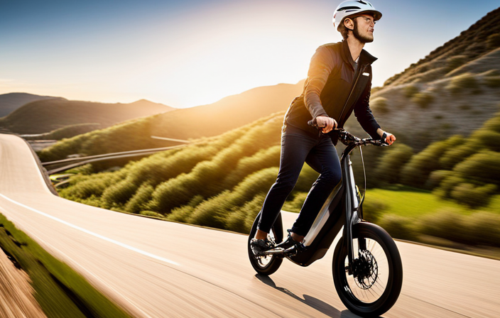 An image showcasing an electric bike effortlessly gliding uphill, its sleek frame reflecting the sunlight, as the rider, with a wide smile, confidently pedals forward, showcasing the power and joy of this eco-friendly mode of transportation