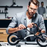An image showcasing a person assembling a Razor Electric Bike, surrounded by various parts neatly laid out on a clean workspace