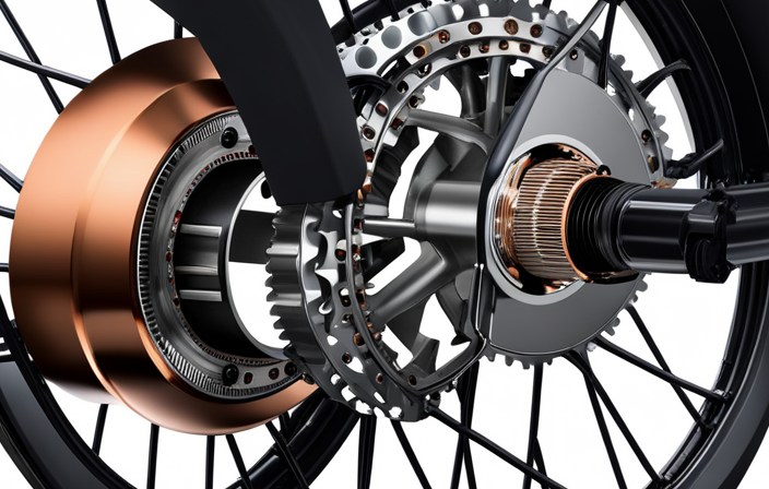 An image showcasing an electric bike motor, magnifying its intricate internal components, such as the copper windings, magnets, and gears