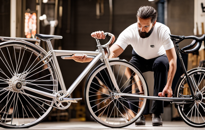 An image capturing the intricate process of crafting a bicycle, showcasing a skilled artisan meticulously welding the frame, while nearby, wheels are being carefully assembled, spokes tightened, and pedals attached