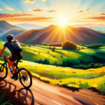 An image capturing the exhilaration of riding an electric bike: a cyclist zooming effortlessly uphill, wind tousling their hair, with a backdrop of lush green mountains and a radiant sun illuminating the path ahead