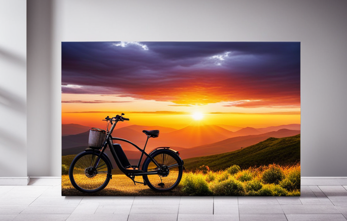 An image showcasing a vibrant sunset over a picturesque countryside, with a Pride Electric Bike parked against a tree