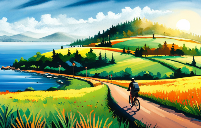 An image showcasing an expansive coastal road, winding through lush green forests, with a lone rider on an electric bike effortlessly gliding along, capturing the boundless freedom and endurance of electric bike rides